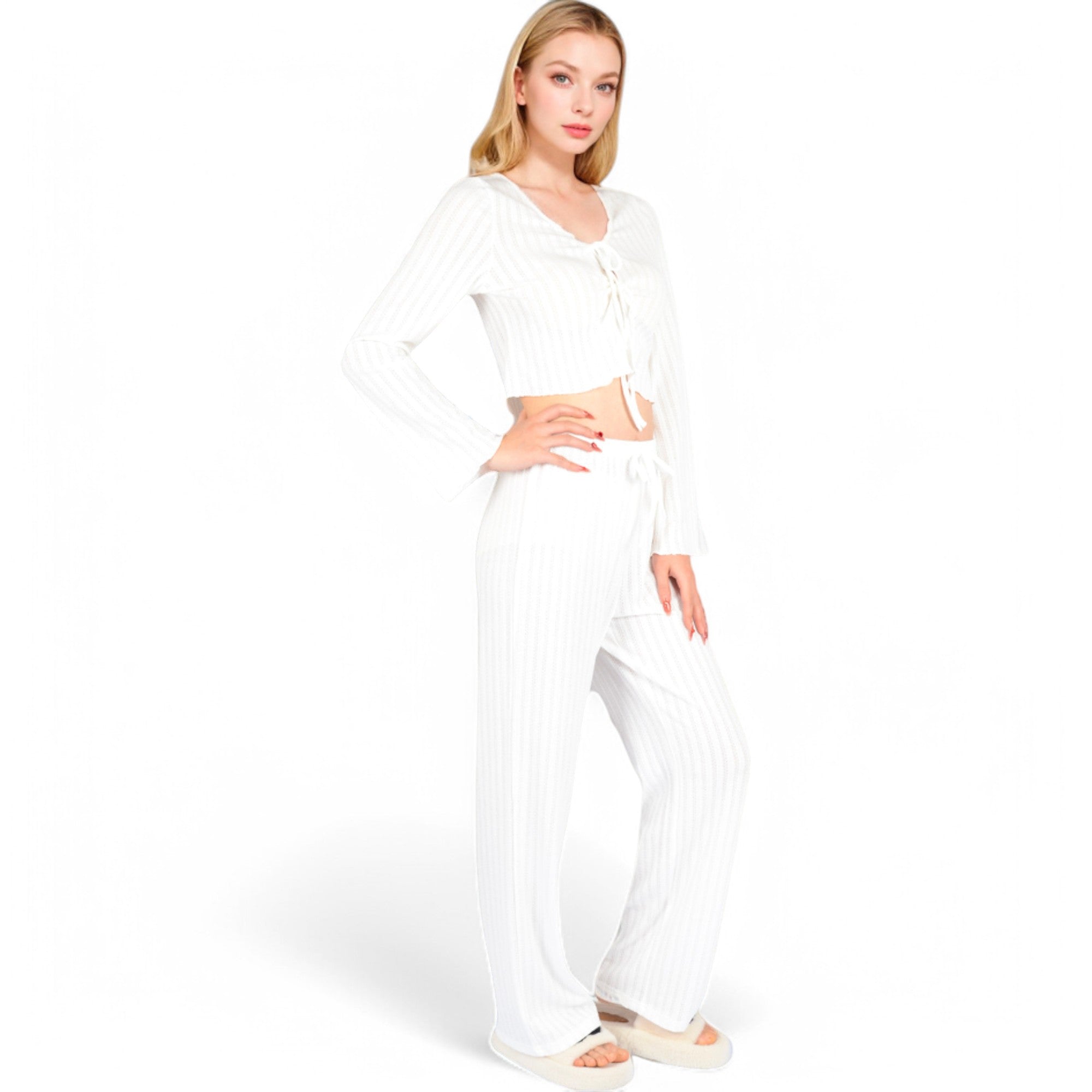 Anna-Kaci Women's Knit Tie-Front Lounge Set with Long Sleeve Cardigan and Wide-Leg Pants