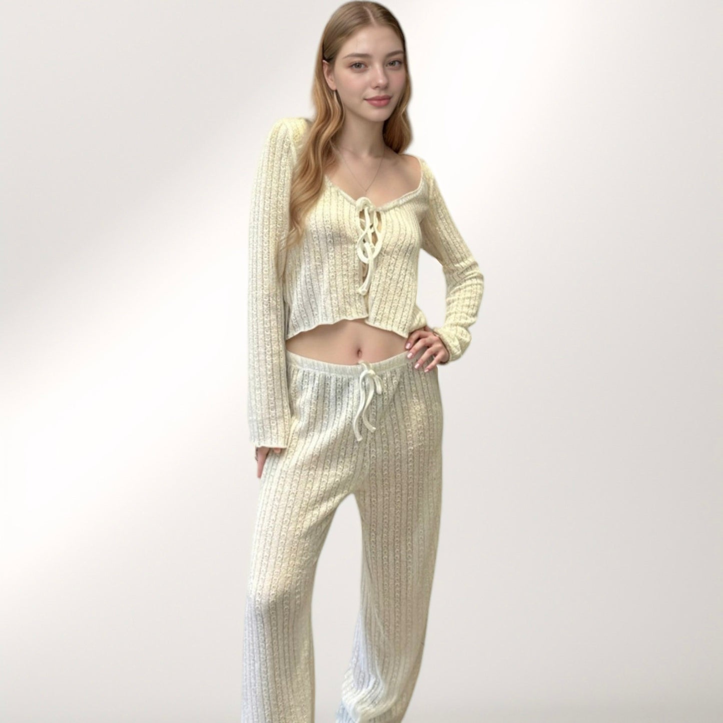 Anna-Kaci Lounge Women's Ribbed Knit Lounge Set with Tie Front Long Sleeve Top and Drawstring Pants
