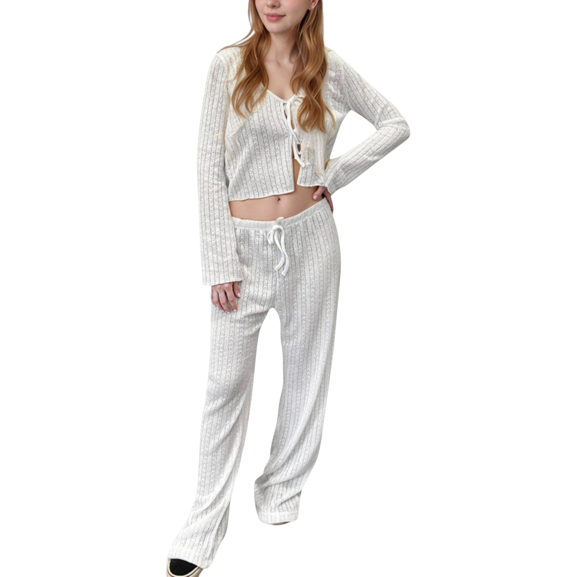 Anna-Kaci Lounge Women's Ribbed Knit Lounge Set with Tie Front Long Sleeve Top and Drawstring Pants