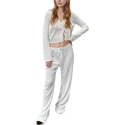 Anna-Kaci Lounge Women's Ribbed Knit Lounge Set with Tie Front Long Sleeve Top and Drawstring Pants
