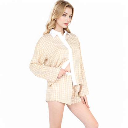 Anna-Kaci Women's Grid Print Lounge Set with Long Sleeve Button-Up Top and Elastic Waist Shorts- Beige,Small