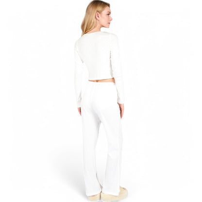 Anna-Kaci Women's Long Sleeve Diamond Print Lounge Set with Elastic Waist Pants- White,Small