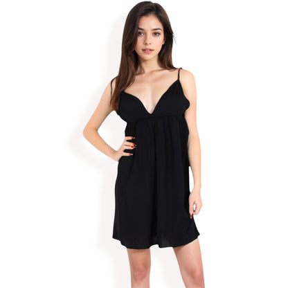 Anna-Kaci Women's Spaghetti Strap V-Neck Slip Dress with Empire Waist and Flowy Design- Black,Small