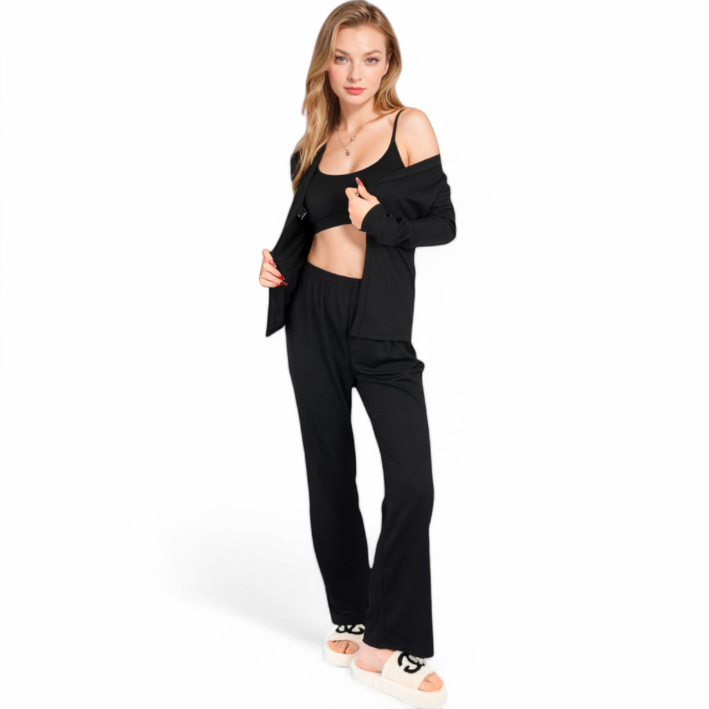 Anna-Kaci Women's Ribbed Knit Lounge Set with Open Front Cardigan, Bralette, and Wide-Leg Pants