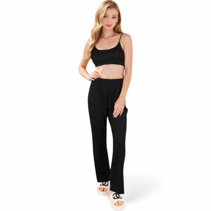 Anna-Kaci Women's Ribbed Knit Lounge Set with Open Front Cardigan, Bralette, and Wide-Leg Pants