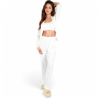 Anna-Kaci Women's Ribbed Knit Lounge Set with Open Front Cardigan, Bralette, and Wide-Leg Pants