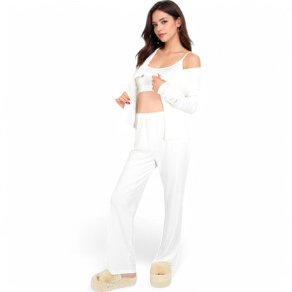 Anna-Kaci Women's Ribbed Knit Lounge Set with Open Front Cardigan, Bralette, and Wide-Leg Pants