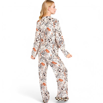 Anna-Kaci Women's Satin Leopard Print Lounge Set with Button-Up Top and Wide-Leg Pants