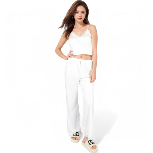 Anna-Kaci Women's Lace Trim Ribbed Knit Pajama Set with Adjustable Drawstring