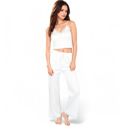 Anna-Kaci Women's Lace Trim Ribbed Knit Pajama Set with Adjustable Drawstring