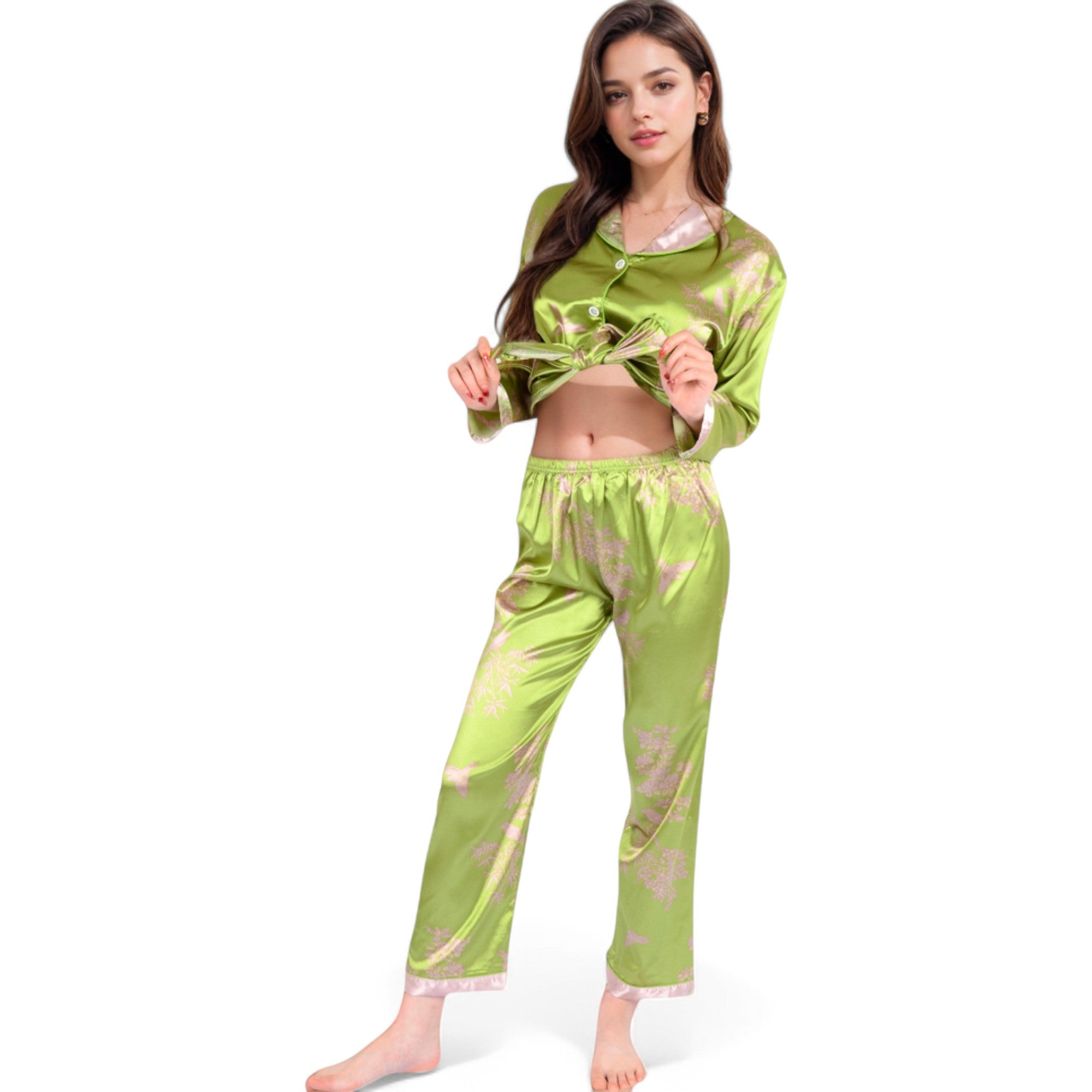 Anna-Kaci Women's Satin Bamboo Print Pajama Set with Contrast Trim
