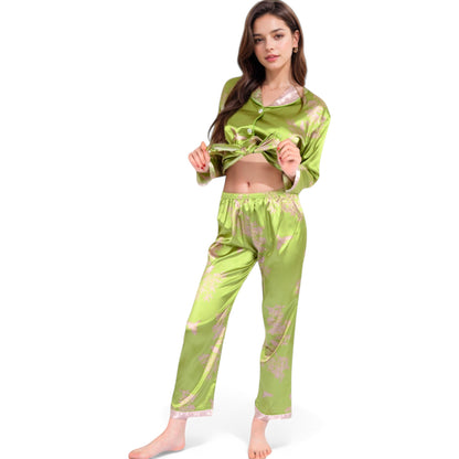 Anna-Kaci Women's Satin Bamboo Print Pajama Set with Contrast Trim