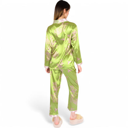 Anna-Kaci Women's Satin Bamboo Print Pajama Set with Contrast Trim