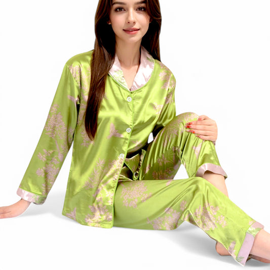 Anna-Kaci Women's Satin Bamboo Print Pajama Set with Contrast Trim