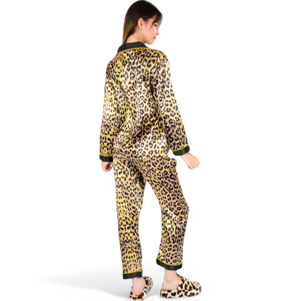 Anna-Kaci Women's Satin Leopard Print Pajama Set with Button-Down Top