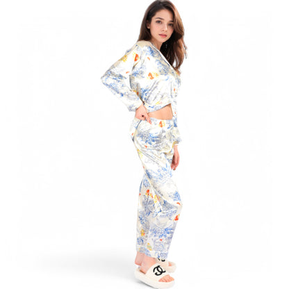 Anna-Kaci Women's Botanical Print Satin Pajama Set with Button-Up Top and Long Pants