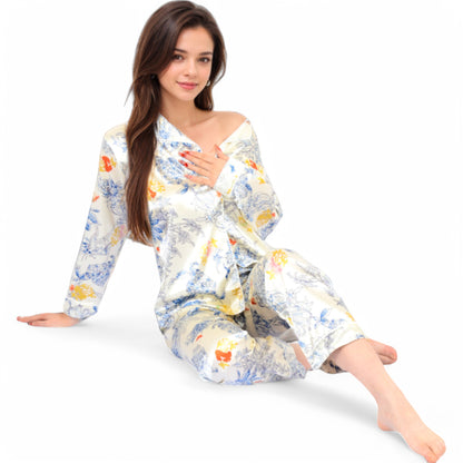 Anna-Kaci Women's Botanical Print Satin Pajama Set with Button-Up Top and Long Pants