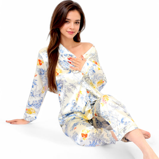 Anna-Kaci Women's Botanical Print Satin Pajama Set with Button-Up Top and Long Pants