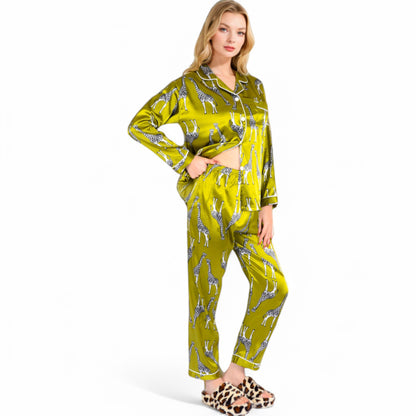 Anna-Kaci Women's Satin Pajama Set with Giraffe Print and Button-Down Top