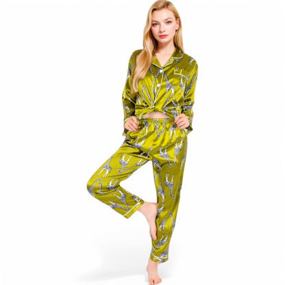 Anna-Kaci Women's Satin Pajama Set with Giraffe Print and Button-Down Top
