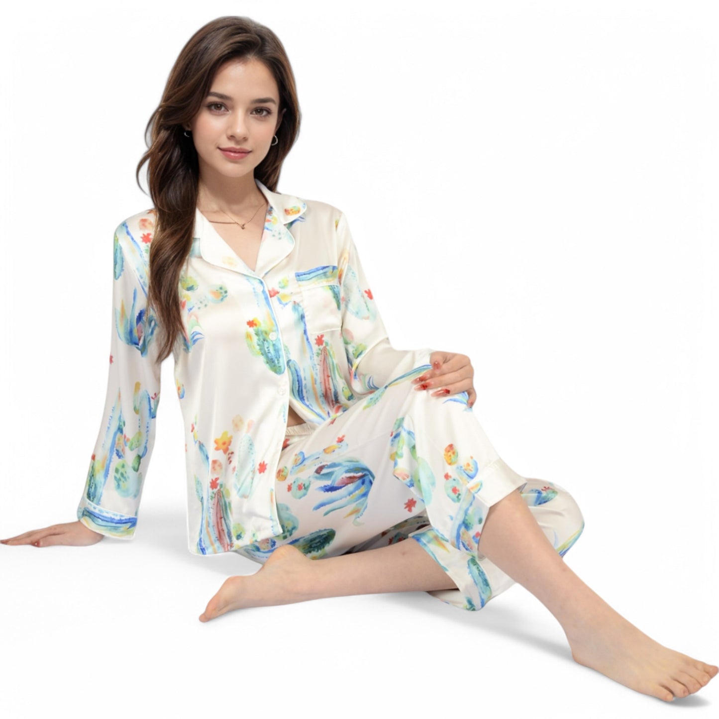 Anna-Kaci Women's Satin Pajama Set with Cactus Print and Relaxed Fit