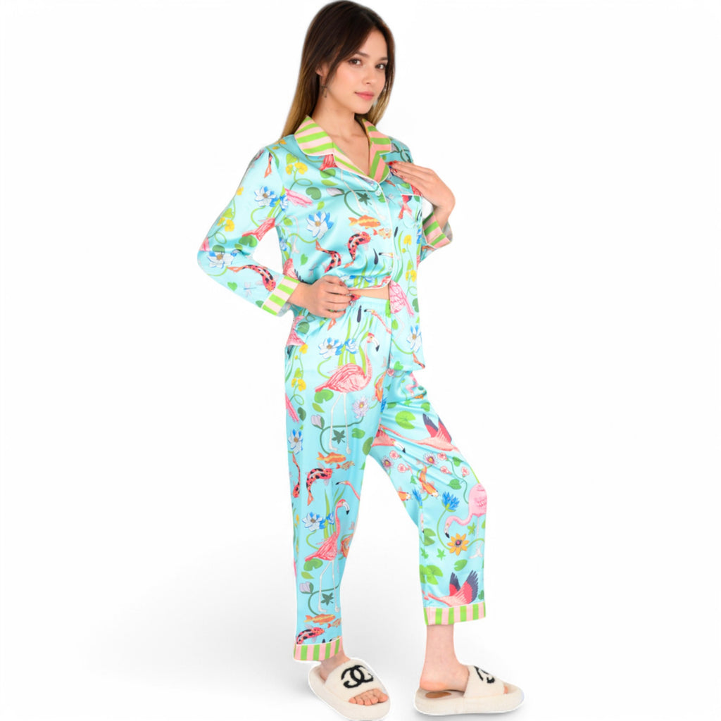 Anna-Kaci Women's Satin Pajama Set with Tropical Flamingo Print and Waist Tie- Light Blue,Small