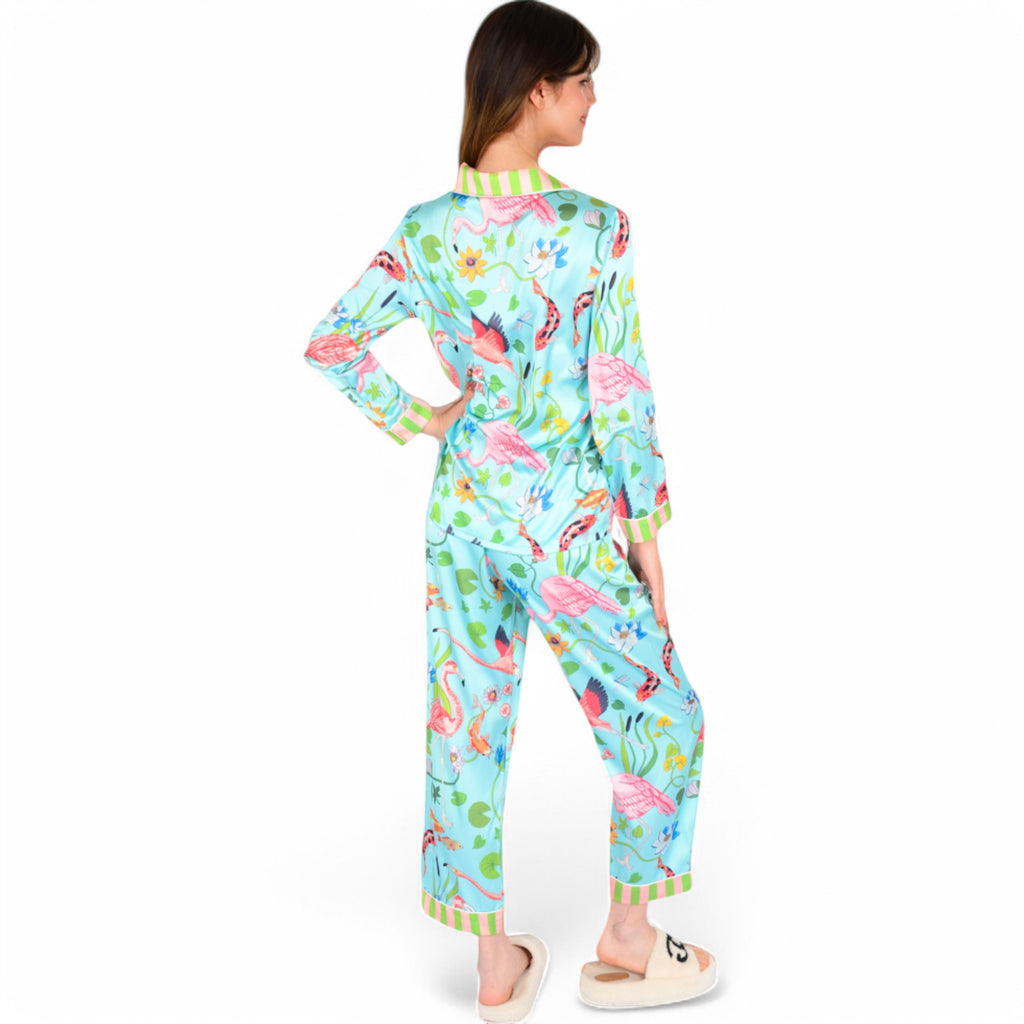 Anna-Kaci Women's Satin Pajama Set with Tropical Flamingo Print and Waist Tie- Light Blue,Small