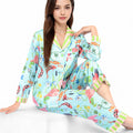 Anna-Kaci Women's Satin Pajama Set with Tropical Flamingo Print and Waist Tie- Light Blue,Small
