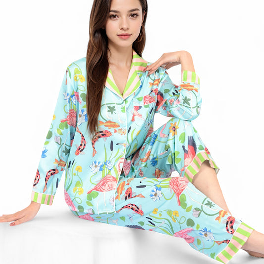 Anna-Kaci Women's Satin Pajama Set with Tropical Flamingo Print and Waist Tie- Light Blue,Small