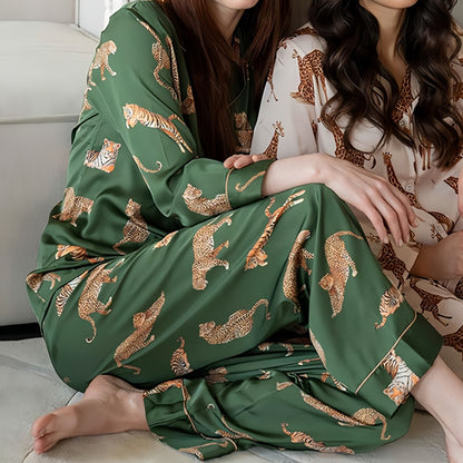 Anna-Kaci Lounge Women's Long Sleeve Button Front Pajama Set with Tiger Print and Satin Finish
