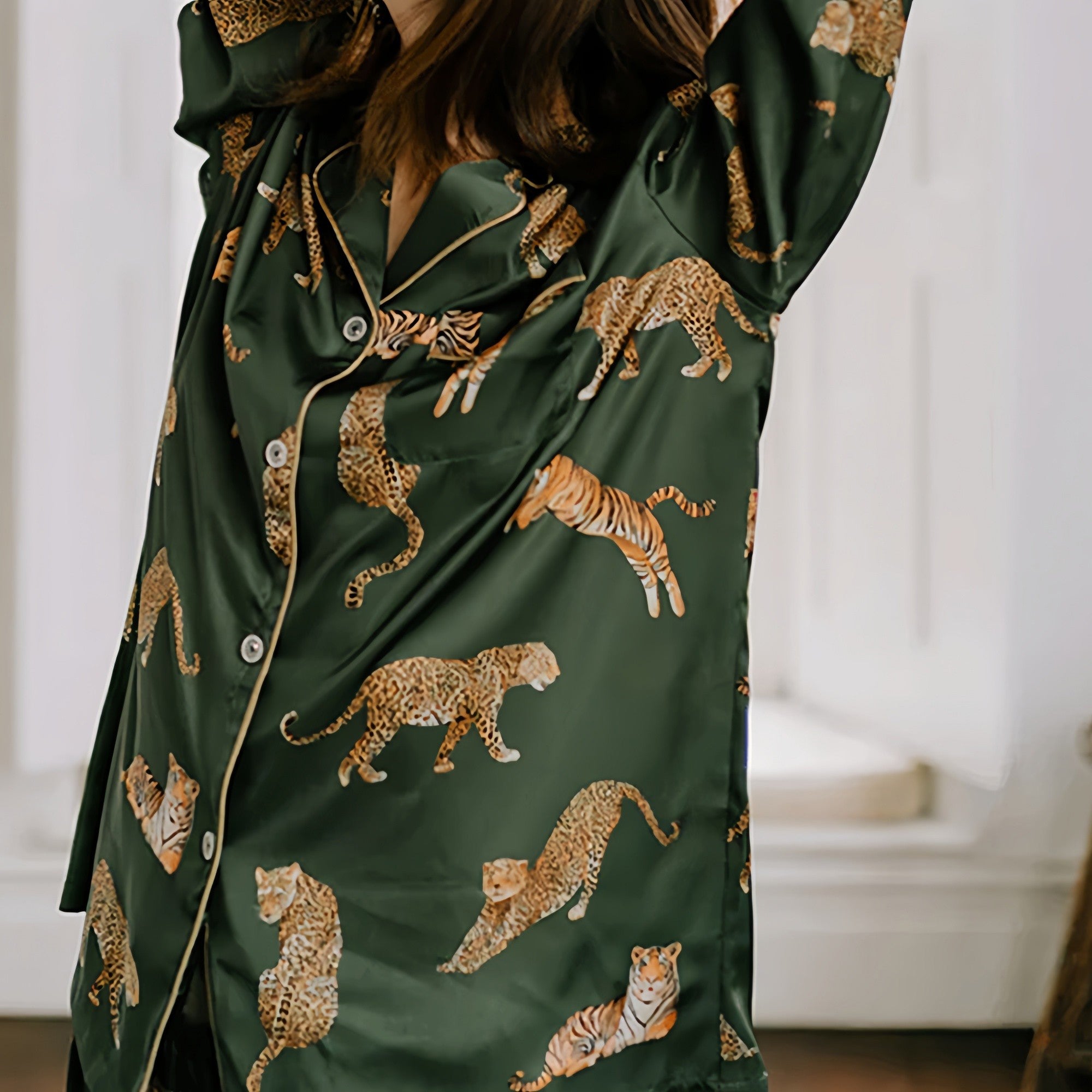 Anna-Kaci Lounge Women's Long Sleeve Button Front Pajama Set with Tiger Print and Satin Finish