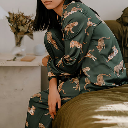 Anna-Kaci Lounge Women's Long Sleeve Button Front Pajama Set with Tiger Print and Satin Finish