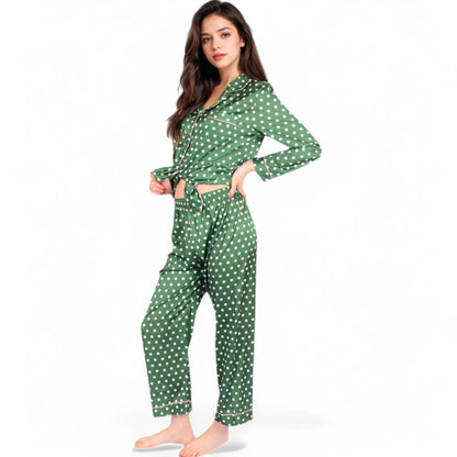 Anna-Kaci Women's Polka Dot Satin Pajama Set with Ruffled Cuffs and Piping Detail