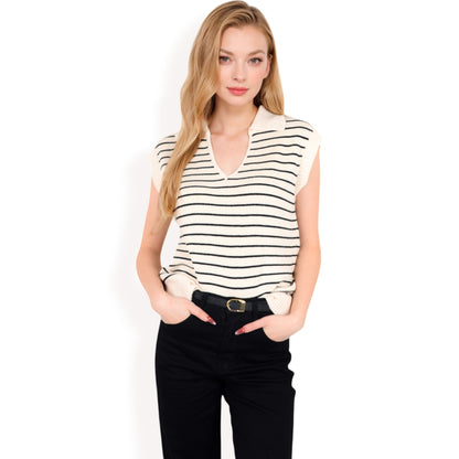 Anna-Kaci Women's Striped Knit Sleeveless Sweater Vest with Collared V-Neck