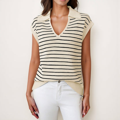 Anna-Kaci Women's Striped Collared Sleeveless Knit Top with Deep V-Neck and Ribbed Hem Detailing
