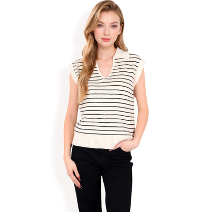 Anna-Kaci Women's Striped Knit Sleeveless Sweater Vest with Collared V-Neck