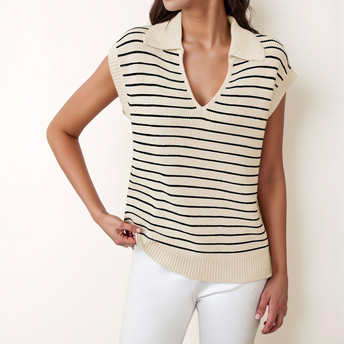 Anna-Kaci Women's Striped Collared Sleeveless Knit Top with Deep V-Neck and Ribbed Hem Detailing