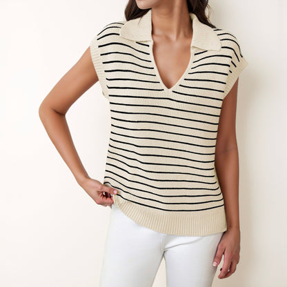 Anna-Kaci Women's Striped Collared Sleeveless Knit Top with Deep V-Neck and Ribbed Hem Detailing