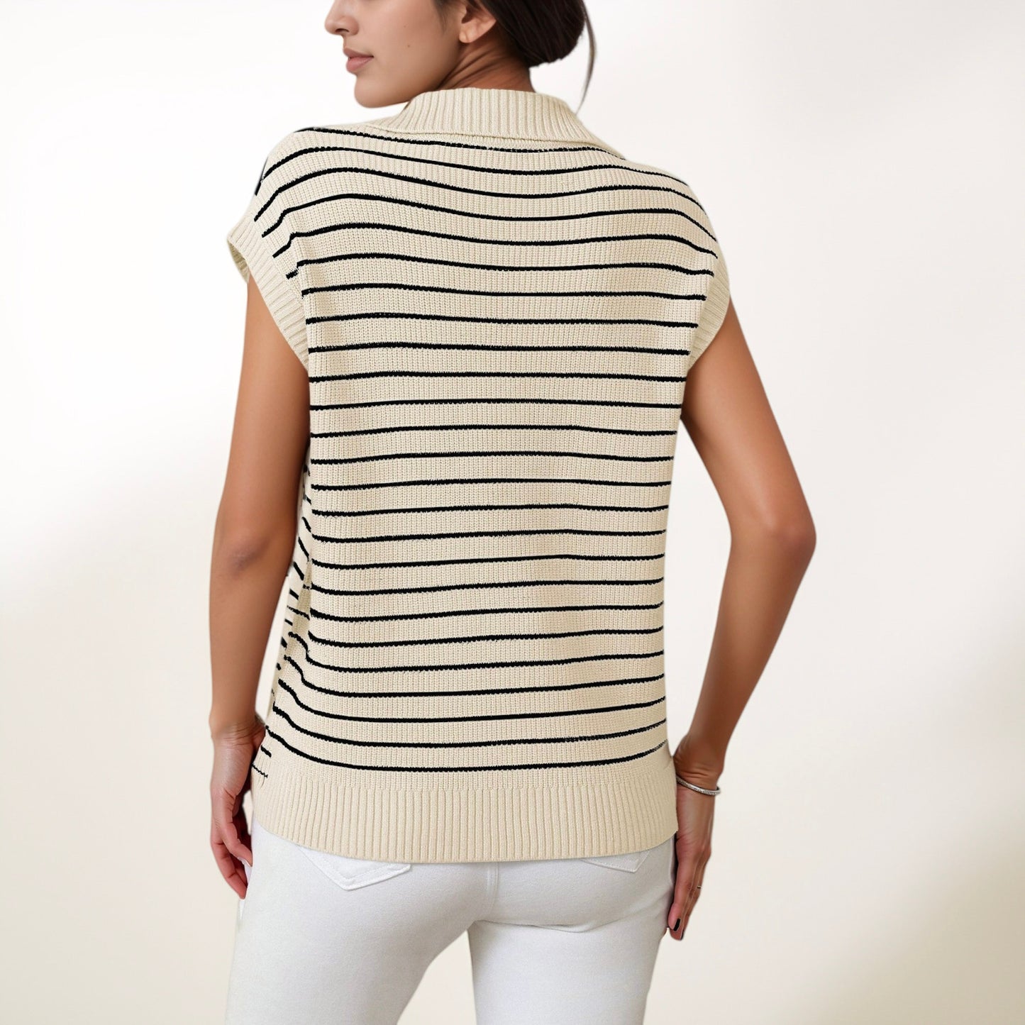 Anna-Kaci Women's Striped Collared Sleeveless Knit Top with Deep V-Neck and Ribbed Hem Detailing