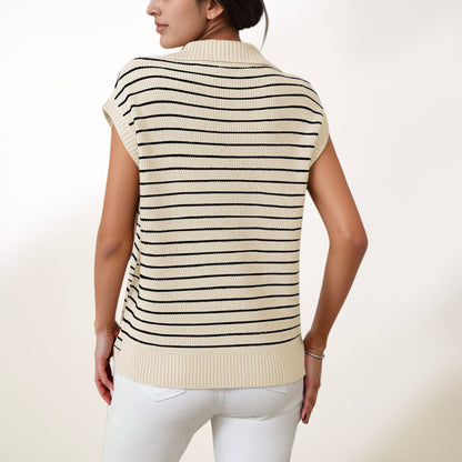 Anna-Kaci Women's Striped Collared Sleeveless Knit Top with Deep V-Neck and Ribbed Hem Detailing