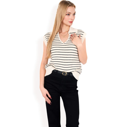 Anna-Kaci Women's Striped Knit Sleeveless Sweater Vest with Collared V-Neck