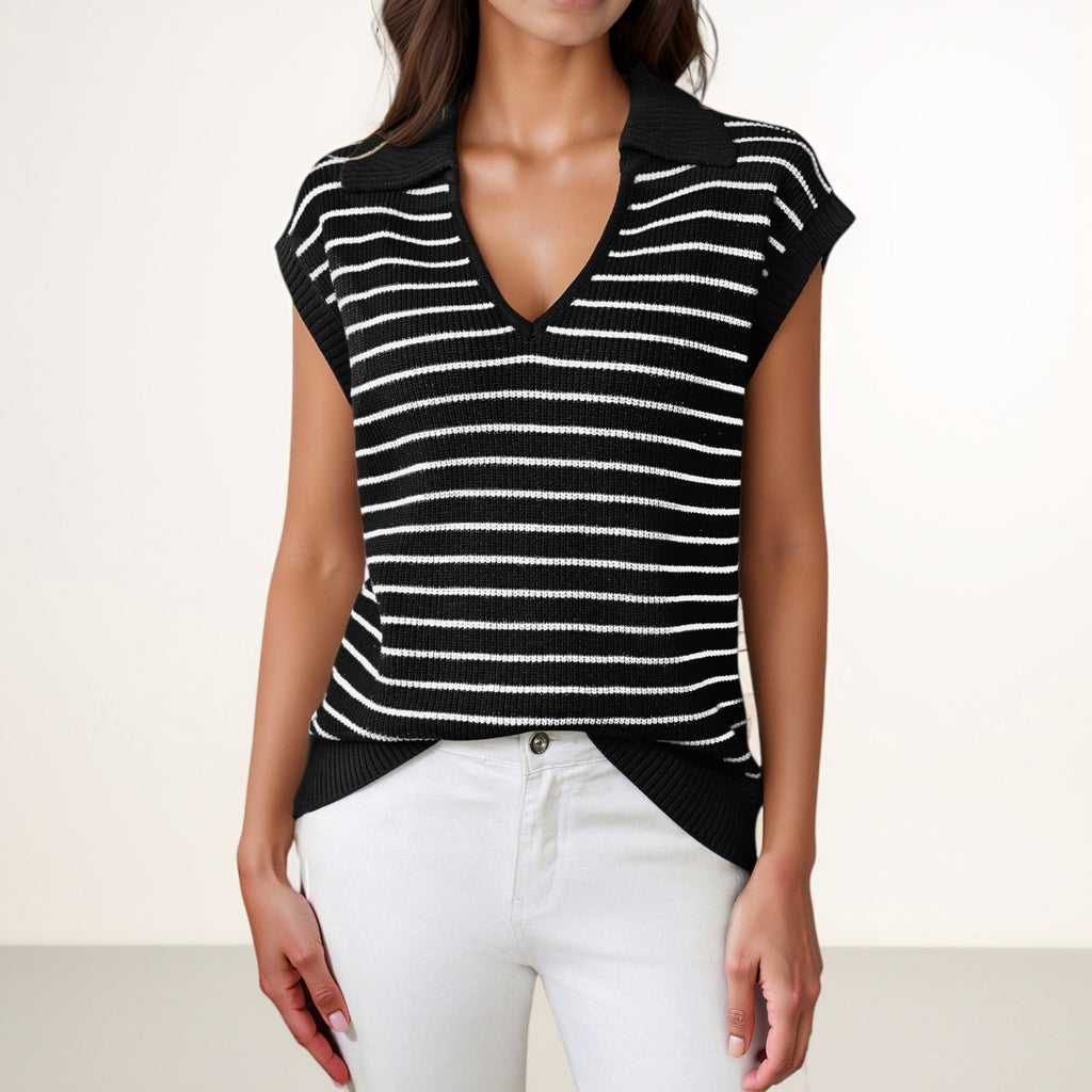 Anna-Kaci Women's Striped Collared Sleeveless Knit Top with Deep V-Neck and Ribbed Hem Detailing