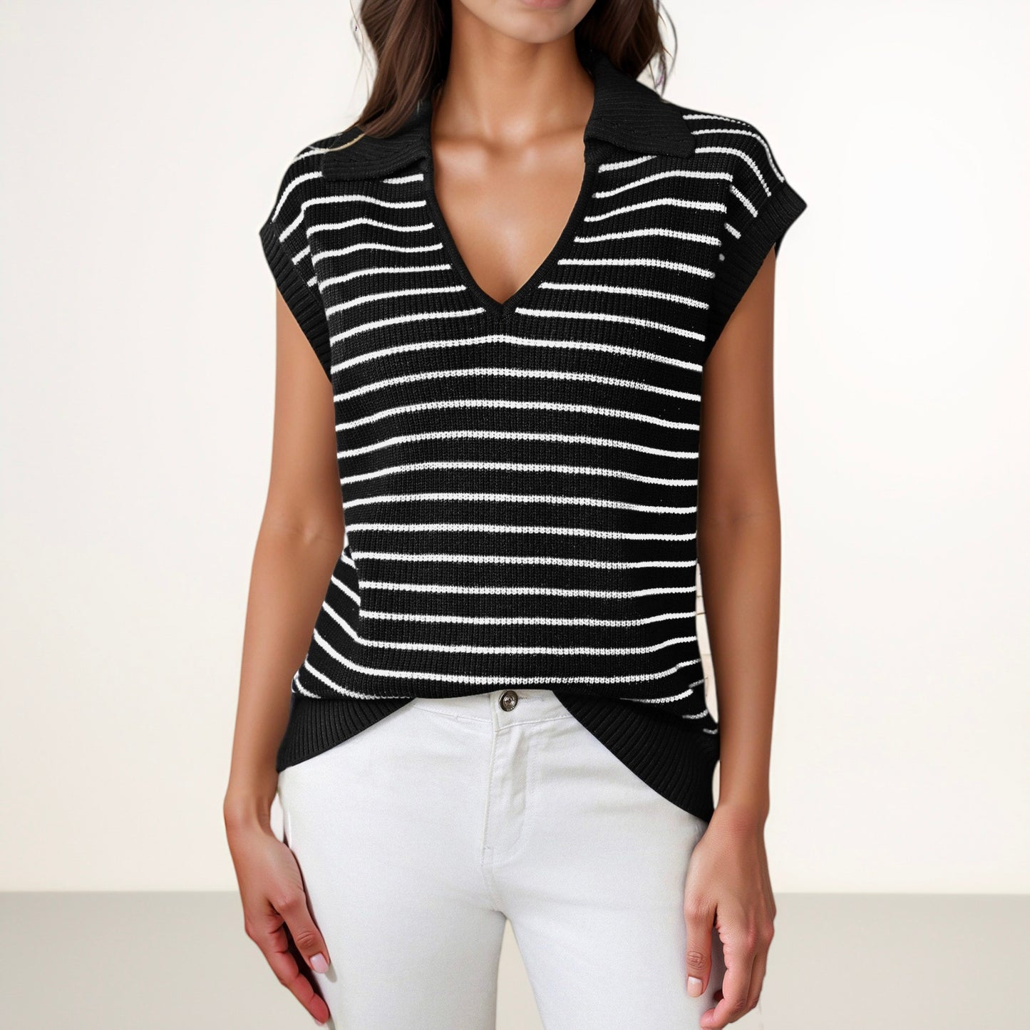 Anna-Kaci Women's Striped Collared Sleeveless Knit Top with Deep V-Neck and Ribbed Hem Detailing