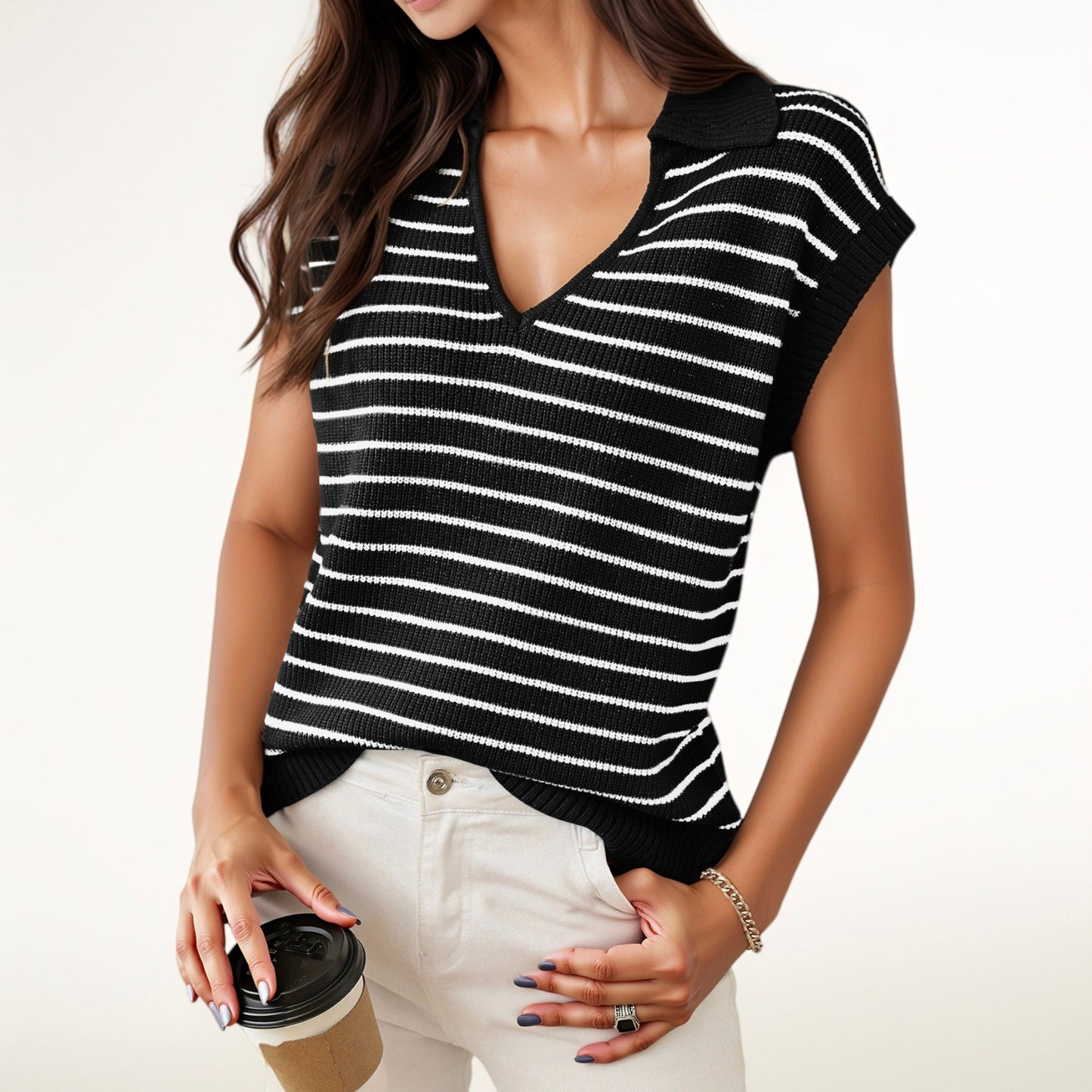 Anna-Kaci Women's Striped Collared Sleeveless Knit Top with Deep V-Neck and Ribbed Hem Detailing