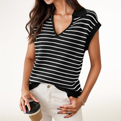 Anna-Kaci Women's Striped Collared Sleeveless Knit Top with Deep V-Neck and Ribbed Hem Detailing