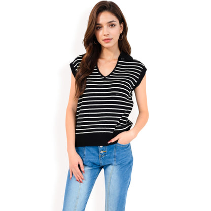 Anna-Kaci Women's Striped Knit Sleeveless Sweater Vest with Collared V-Neck