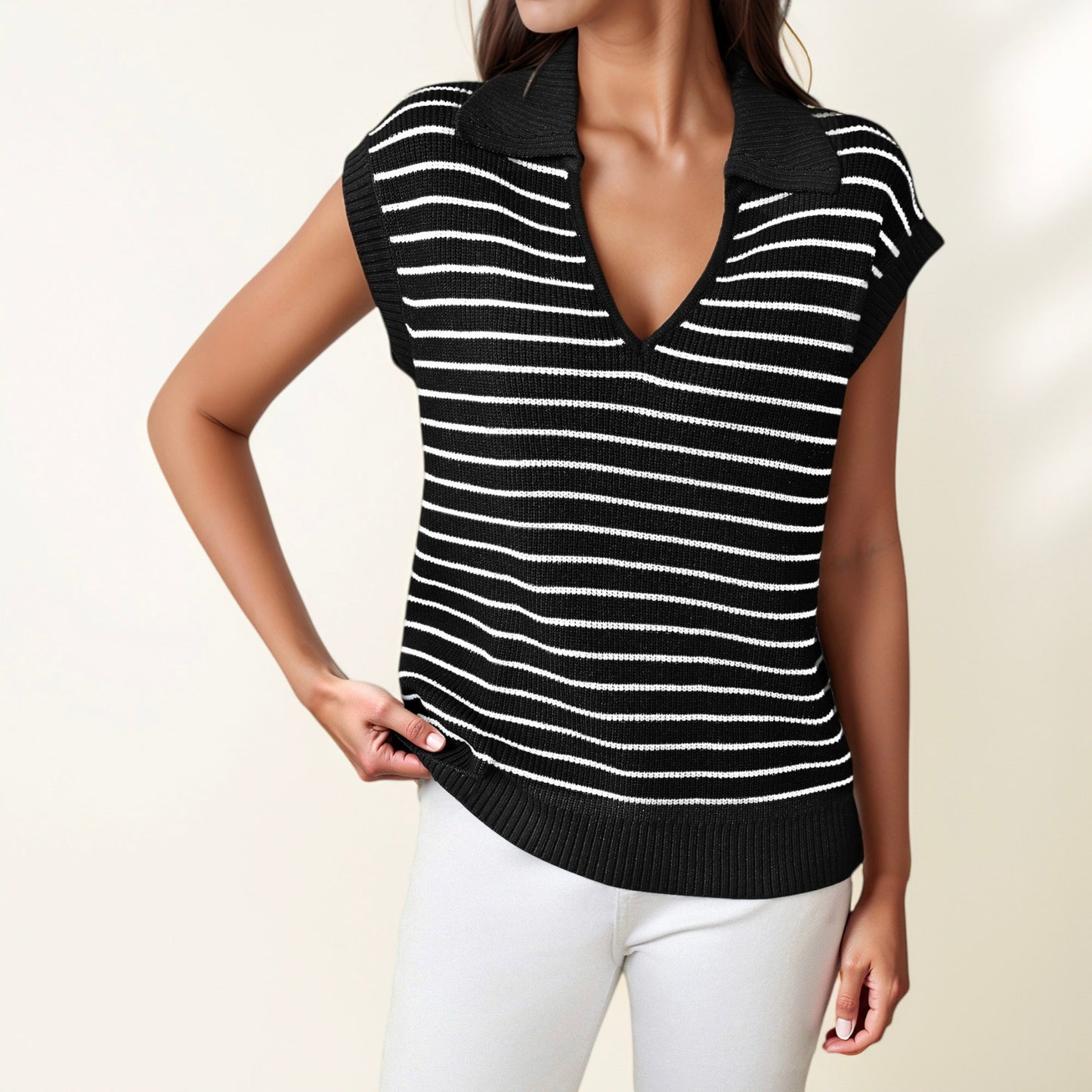 Anna-Kaci Women's Striped Collared Sleeveless Knit Top with Deep V-Neck and Ribbed Hem Detailing