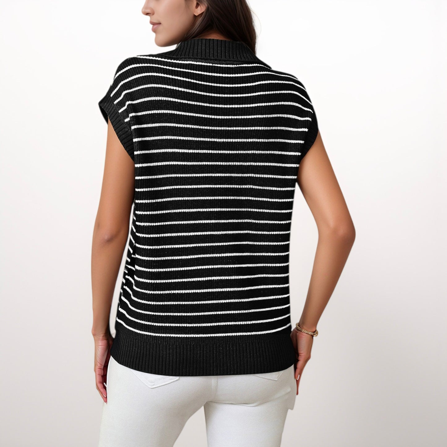 Anna-Kaci Women's Striped Collared Sleeveless Knit Top with Deep V-Neck and Ribbed Hem Detailing
