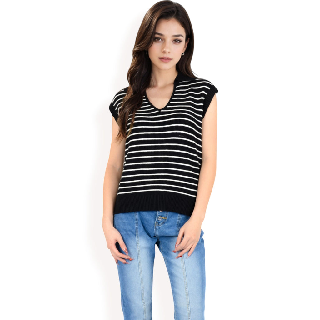 Anna-Kaci Women's Striped Knit Sleeveless Sweater Vest with Collared V-Neck