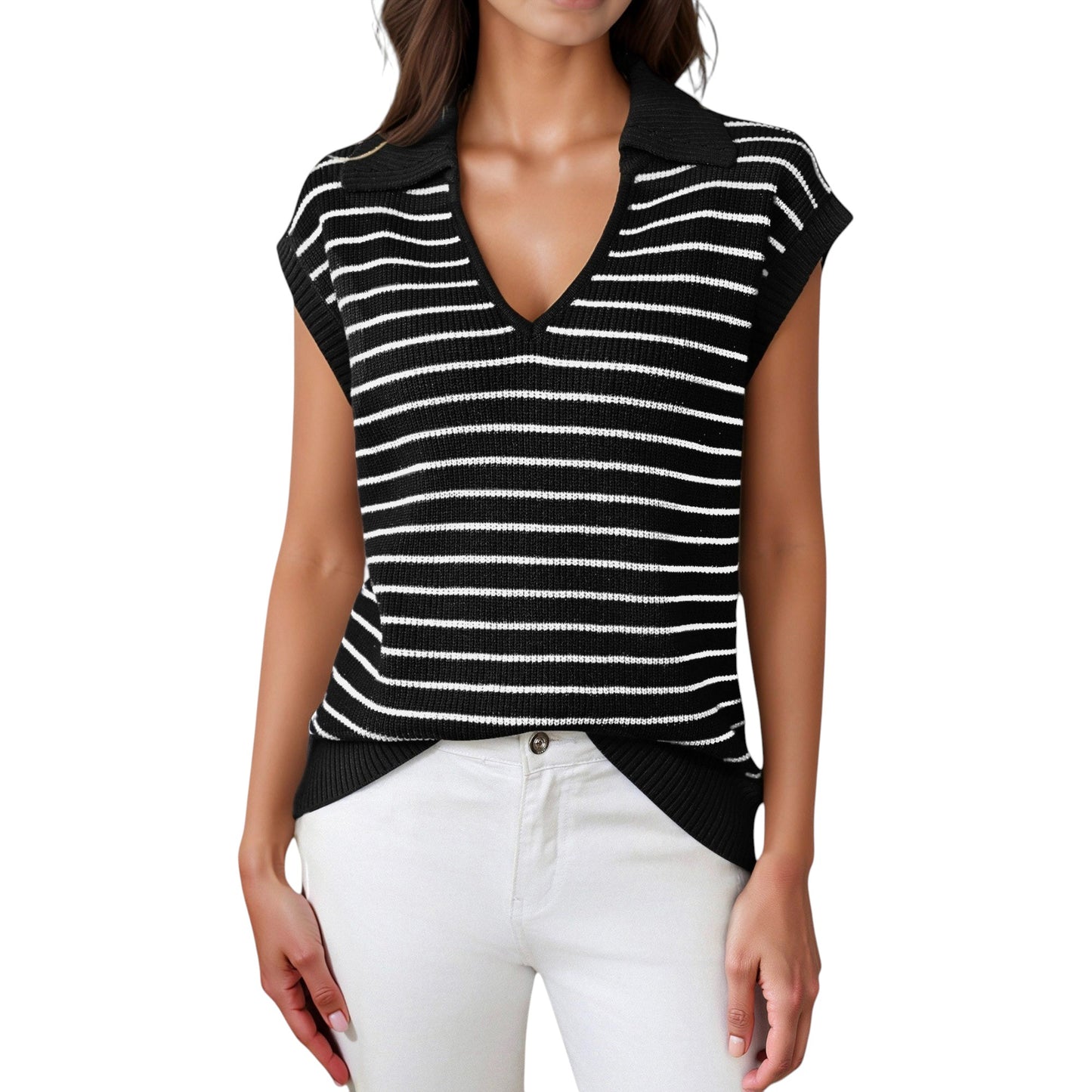 Anna-Kaci Women's Striped Collared Sleeveless Knit Top with Deep V-Neck and Ribbed Hem Detailing